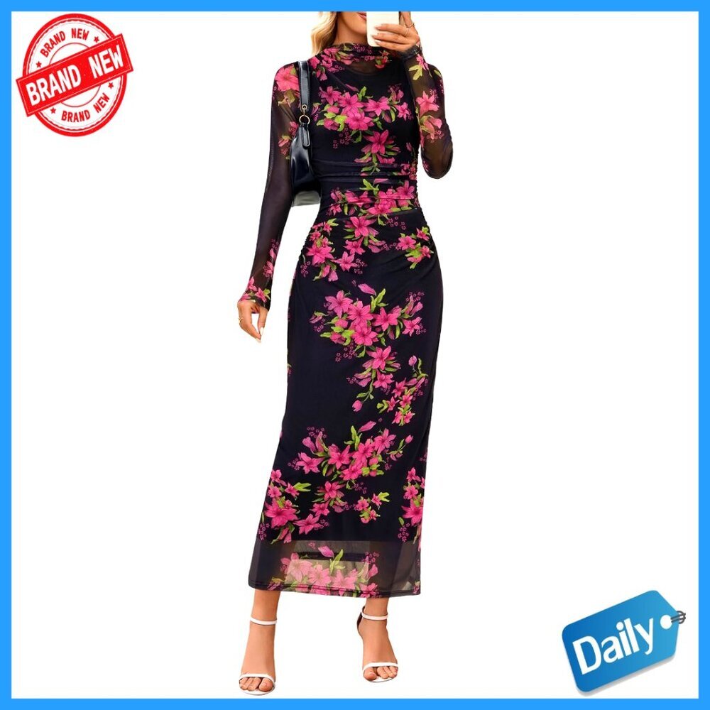 Long Sleeve Maxi Bodycon Dress Mesh Fabric Slim Fit Wedding Guest Party